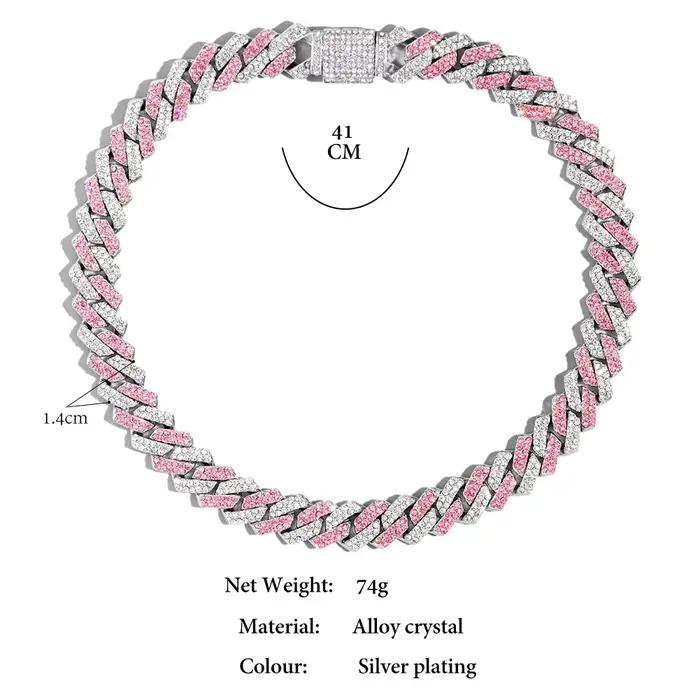Collier chaîne cubaine Hip Hop pour hommes et femmes, chaîne Miami rose et blanche sertie de strass, bijoux unisexes brillants, cadeau