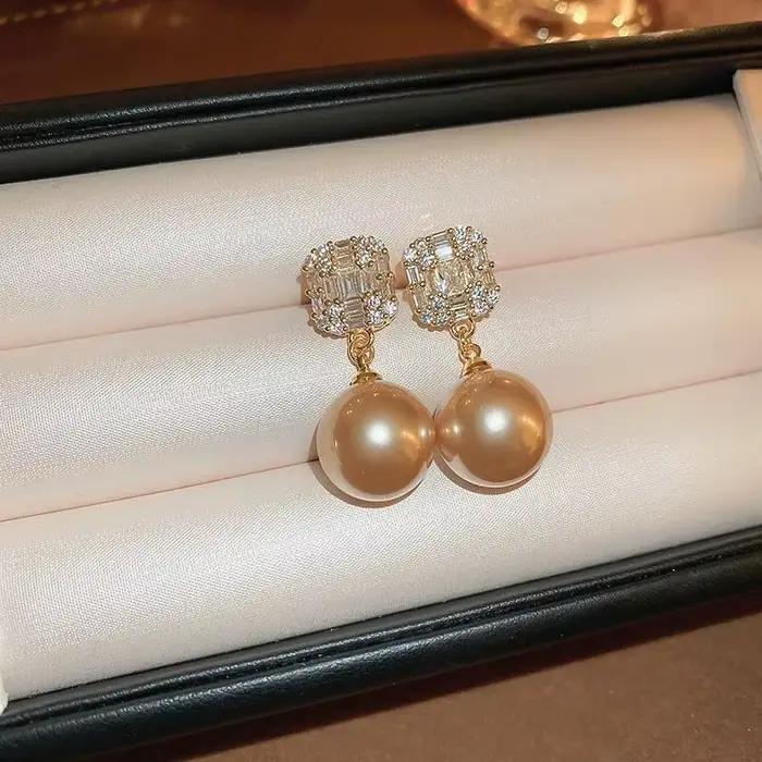 Boucles d'oreilles pendantes en cristal de zircon plaqué or avec perles, bijoux de luxe brillants pour femmes, pour bal de promo, banquet, cadeau