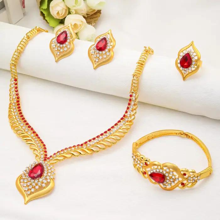 Ensemble de bijoux de luxe or 24 carats collier boucles doreilles cristal pour femmes mariage cérémonie spécial