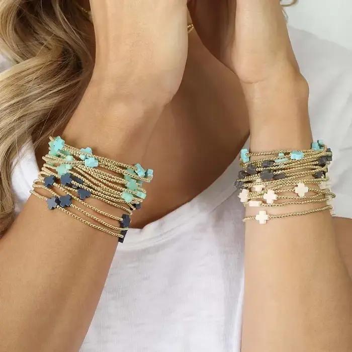 Vlen Bracelet à breloques croix 3mm plaqué or 18 K perles Bracelets pour femme empilable Boho Pulseras bijoux