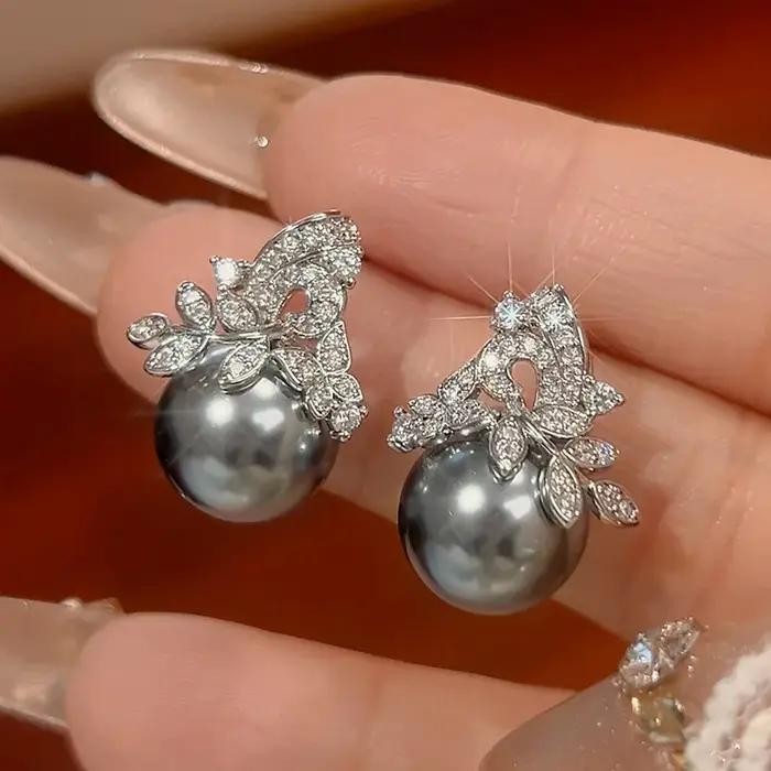 Bijoux élégants en perles grises, collier et boucles d'oreilles au Design de feuilles avec Zircon CZ scintillant, accessoires de mode pour femmes, usage quotidien de fête