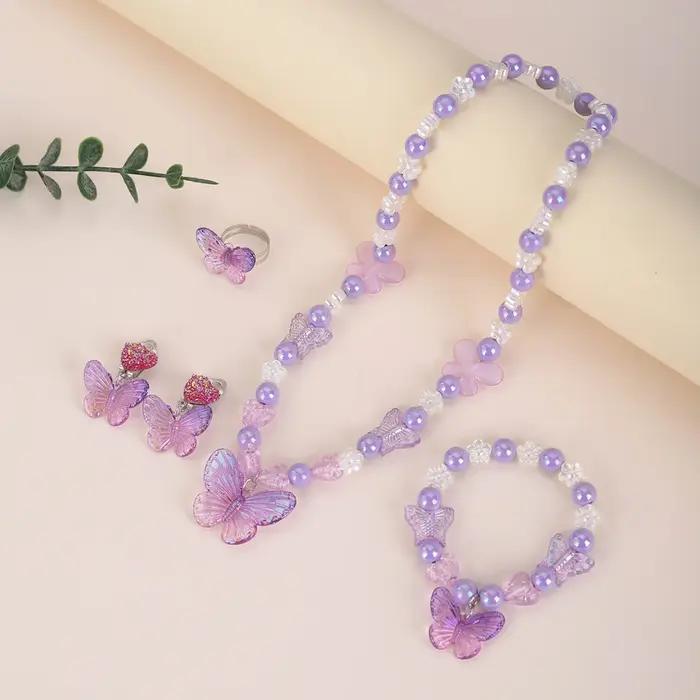 Bracelet princesse pour filles, bijoux en perles, collier papillon de dessin animé, bague, boucles d'oreilles, costume pour enfants