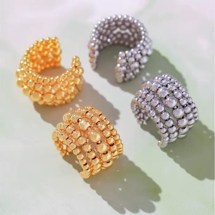 Bague de perles multicouches en acier inoxydable plaqué or 18 carats, étanche, sans ternissement, anneaux ouverts pour femmes et hommes, bijoux de couple