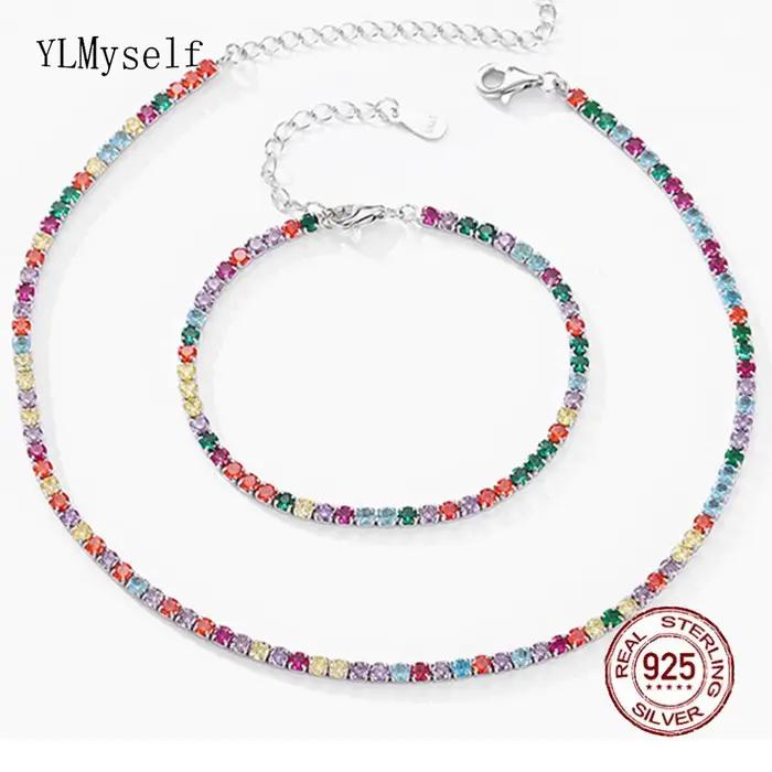 Ensemble de bijoux en argent sterling 925 avec arc-en-ciel de CZ pour femmes, collier et bracelet coloré, cadeau pour occasions spéciales
