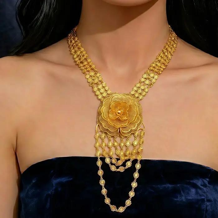 Ensemble de collier long et boucles d'oreilles de luxe plaquées or 24 carats style éthiopien et indien pour mariée et occasions spéciales