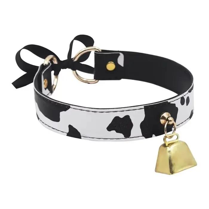 Collier ras du cou en cuir Sexy pour femmes, imprimé vache, cloche réglable