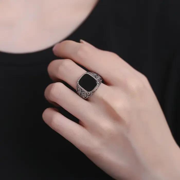Bague en argent naturel 10x12mm, grande pierre d'agate noire, bague Vintage pour femmes, cadeaux de fête