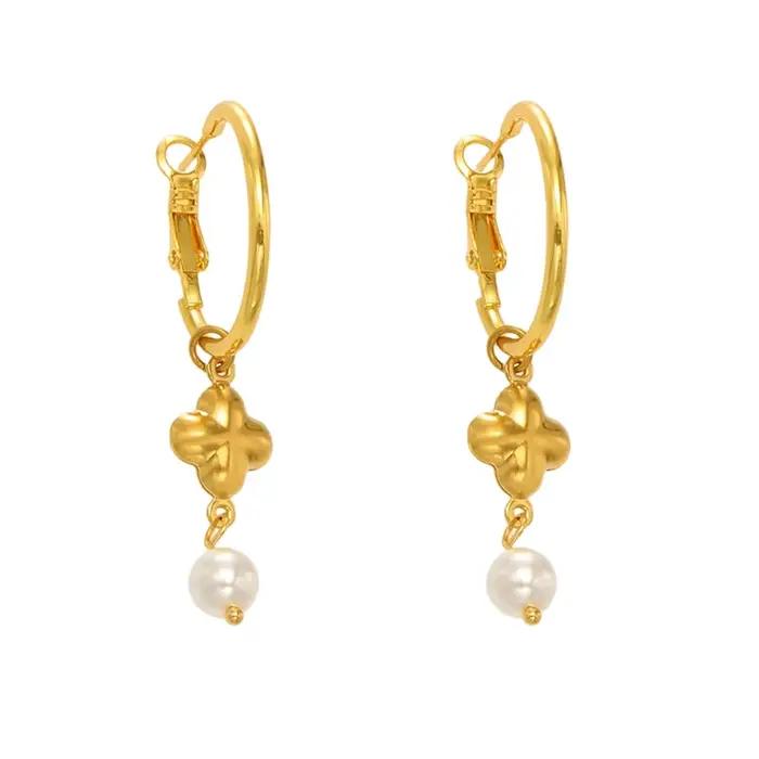 Liora Chic Imitation perle croix boucles d'oreilles pour femmes PVD plaqué or en acier inoxydable hy