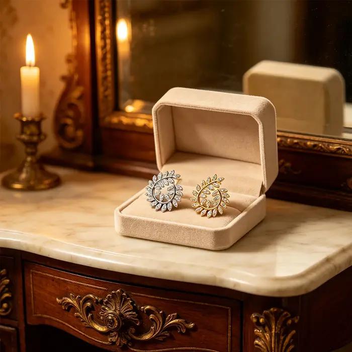 Boucles d'oreilles clous en zircon feuille de laurier de luxe française