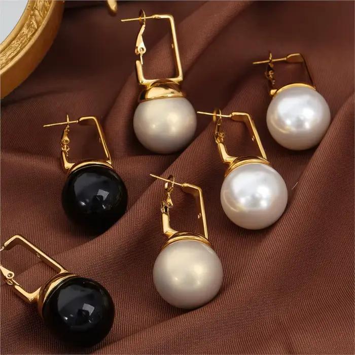 Boucles d'oreilles pendantes en perles noires pour femmes, en acier inoxydable plaqué or, Imitation de perles, bijoux de luxe pour femmes