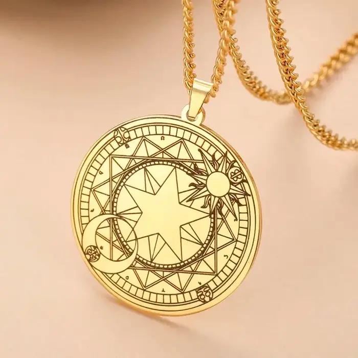 Amulette Magique Sun Sakura en Acier Inoxydable Cercle Magic Porte-Bonheur Collier Bijoux Unisexe Occasions Spéciales