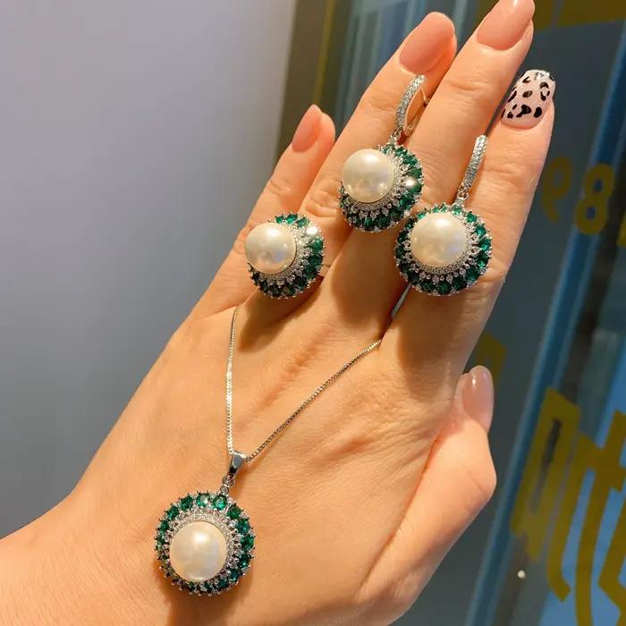 Boucles d'oreilles blanches Big Pearl None pour femmes, collier pendentif émeraude verte, ensemble de matiques, bijoux de mariage, cadeau de travailleurs, clavicule, JOL