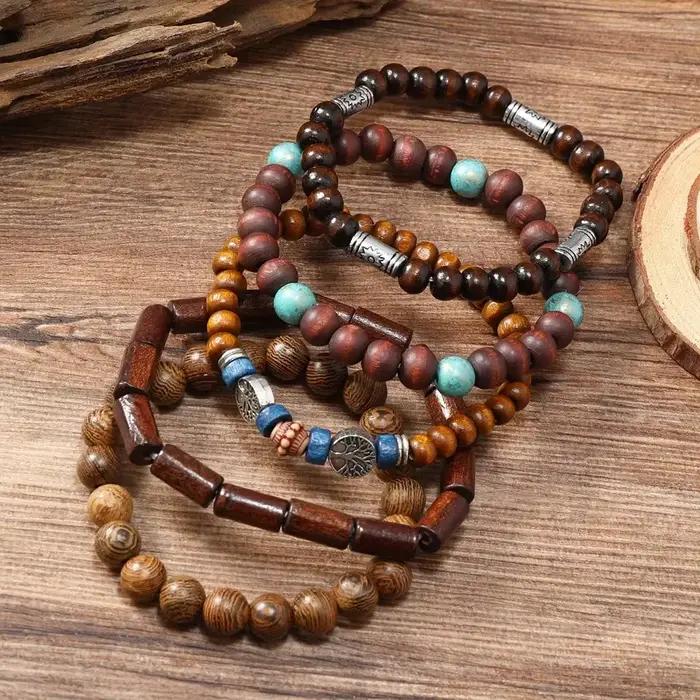 Bracelets en perles de bois de Bohême pour hommes et femmes, accessoires de bijoux féminins, breloques chics, cadeaux de fête, mode, ensemble de 5 pièces