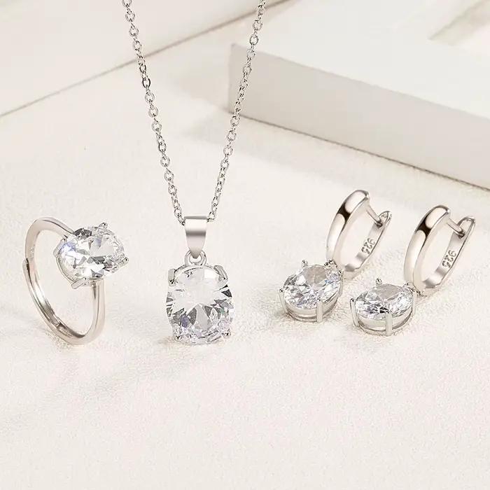 Ensemble de bijoux en argent sterling 925 bague en zircon ellipse collier boucles d'oreilles cadeau pour femmes occasions spéciales