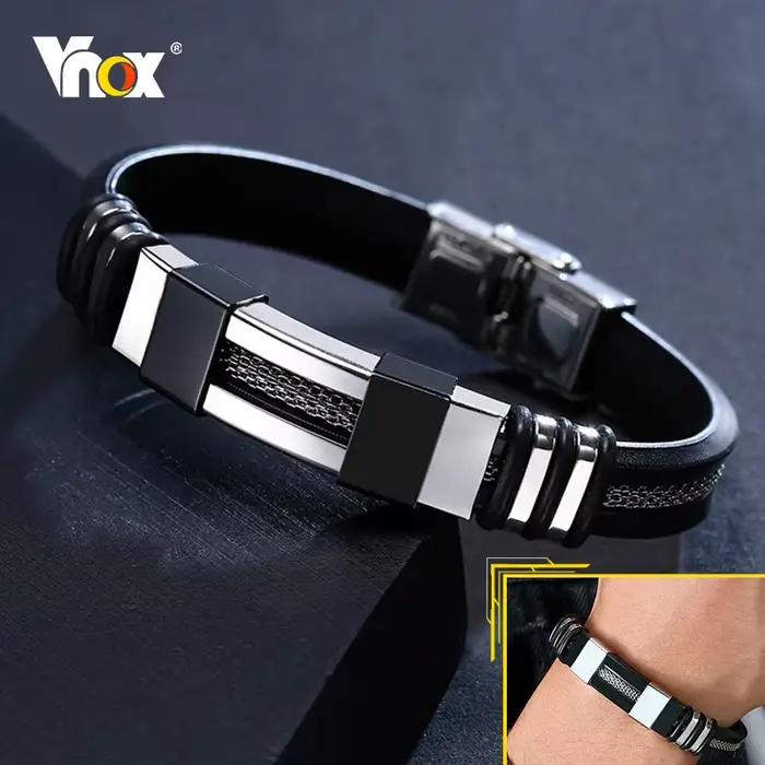 Vnox - Bracelet en acier inoxydable, bracelet pour homme, bracelet punk à maillons en silicone rainuré noir, bracelet punk élégant et décontracté