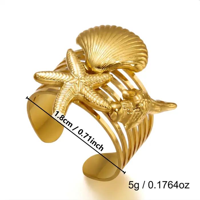 Bague Mermaidcore en acier inoxydable doré avec coquillage et étoile de mer pour femme style bohème estival océanique bijou empilable cadeau pour les occasions spéciales