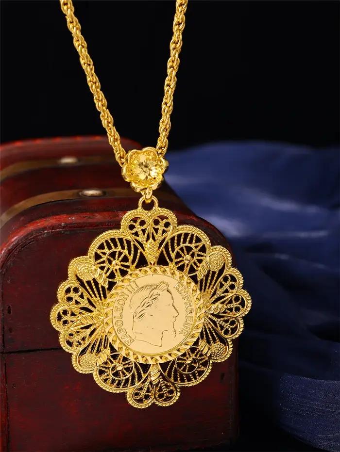 Collier vintage pour femme - Forme de fleur - Portrait Napoléon sculpté - Bijoux de banquet de festival pour dames