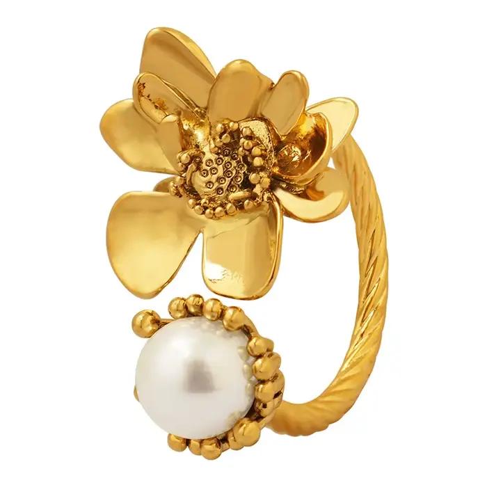Bague rétro française pour femme motif floral perle plaqué or 18 carats style gothique élégant redimensionnable noir ou blanc