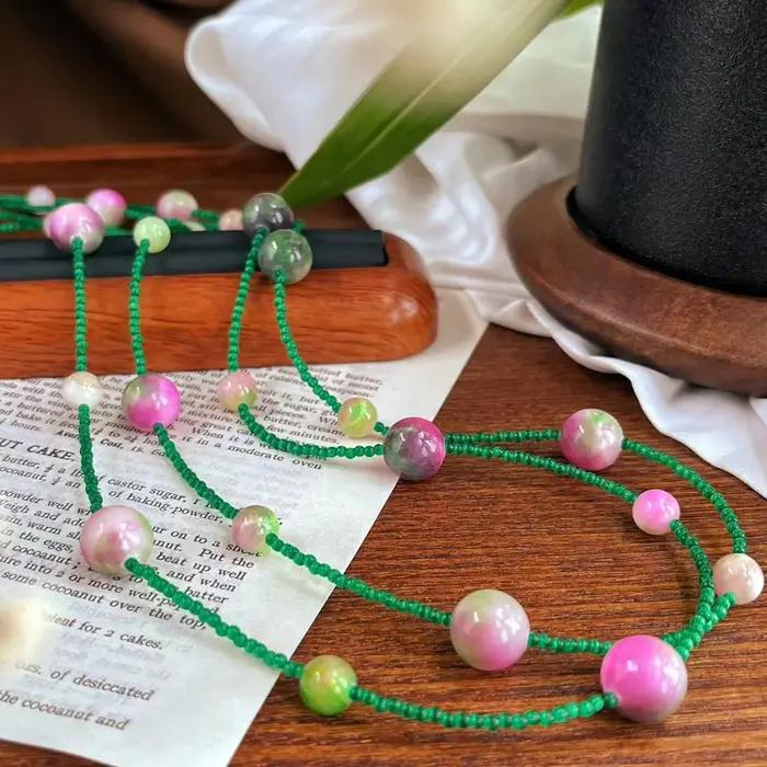 Collier Long élégant en Jade vert et pierres précieuses roses pour femmes