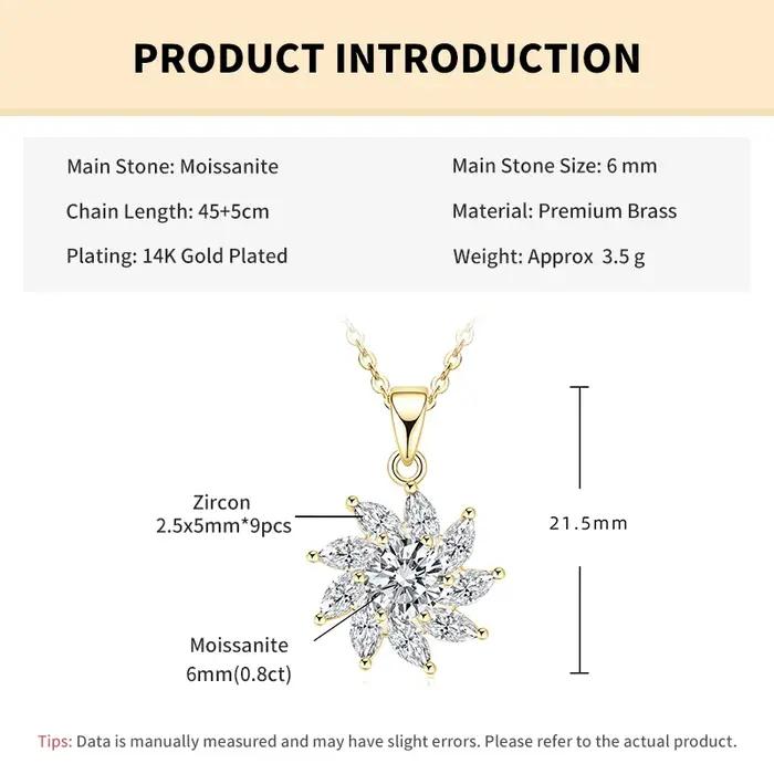 Rrjzz Parure de bijoux pour femme avec collier et boucles d'oreilles clous, Moissanite couleur D taille Marquise 5mm 6mm, Zircon 5A, Halo Tournesol, Cadeaux