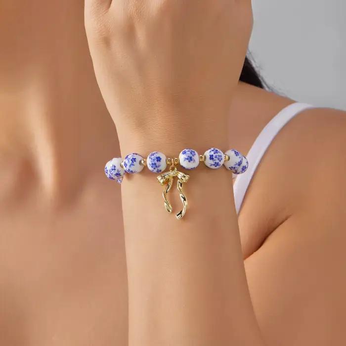 Bracelet en céramique et alliage de zinc à la mode avec nœud papillon pour femmes occasions spéciales vintage élégant doux pour fêtes
