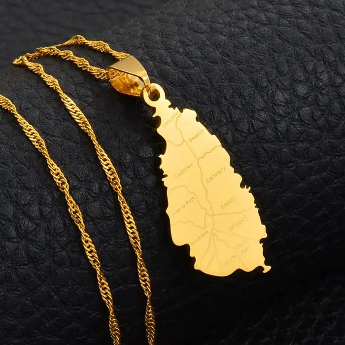 Collier Anniyo Saint Lucia avec pendentif carte des villes pour femme, bijoux couleur or, chaînes et pendentifs des villes de Saint Lucia # 120521