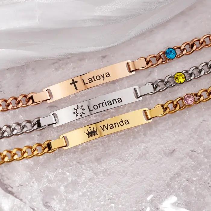 Bracelet personnalisé avec nom et pierre de naissance pour enfant cadeau d'anniversaire ou de baptême en titane or rose argent adjustable cubain