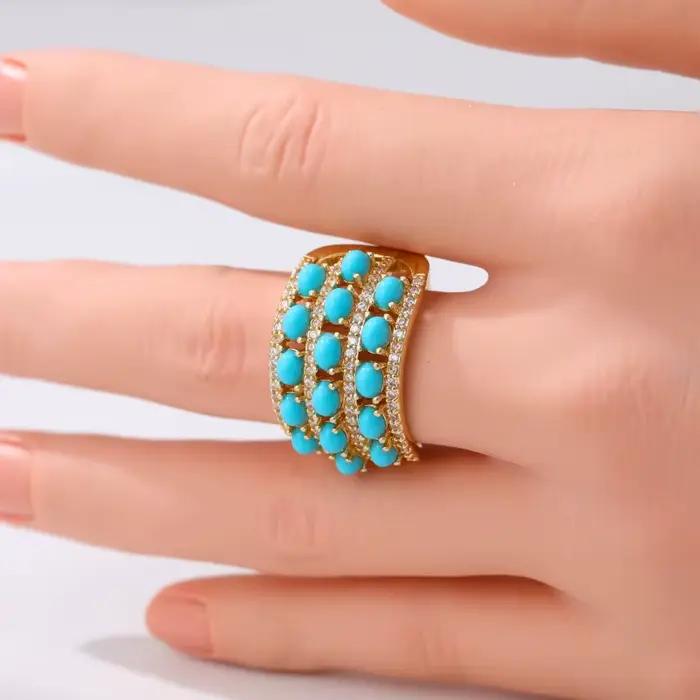 Bague dorée scintillante classique incrustée d'imitation de turquoise pour femme, style bohème, pour festival, banquet, accessoires de bijoux élégants