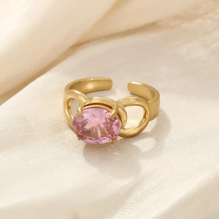 Bague rétro en acier inoxydable couleur or avec pierres