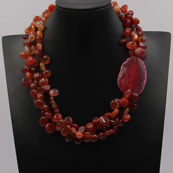 GuaiGuai-Collier à 3 brins d'agate cornaline rouge naturelle pour femme, perles de pépite, agates roses, connecteur épais, bijoux faits à la main