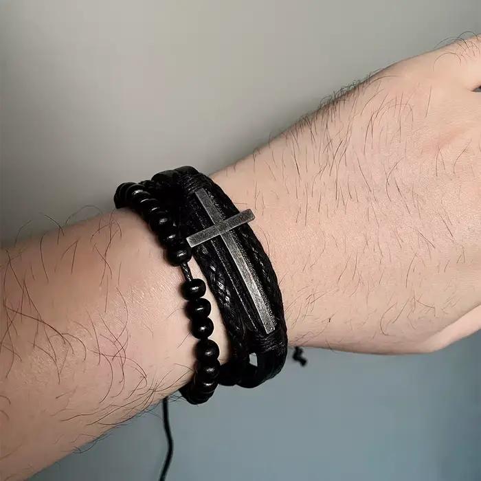 Bracelet rétro à couche croisée pour hommes, Punk noir, cuir de vache tissé à la main, perles réglables, accessoires, bijoux chrétiens