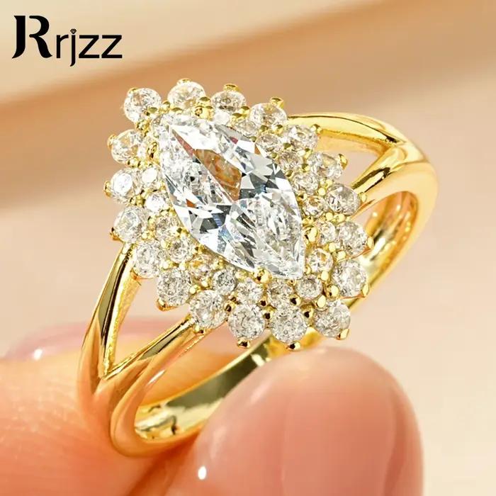 Rrjzz Bague de mariage de mariée en diamant simulé scintillant Marquise CZ Bagues de fiançailles plaquées or 14 carats pour femmes Bijoux tendance