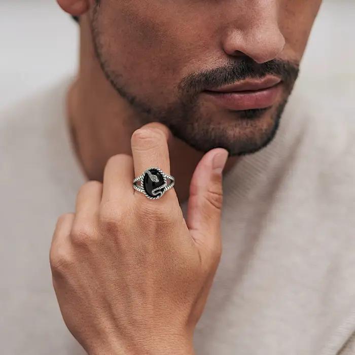 AEONSLOVE 925 bague serpent réglable en argent Sterling bague en obsidienne ovale Vintage bijoux païens cadeaux personnalisés pour hommes femmes