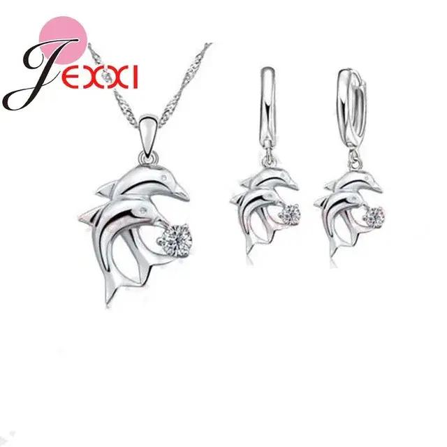 Ensembles de bijoux Doule Dolphin, bijoux en argent Sterling 925, pendentif en zircone cubique blanc