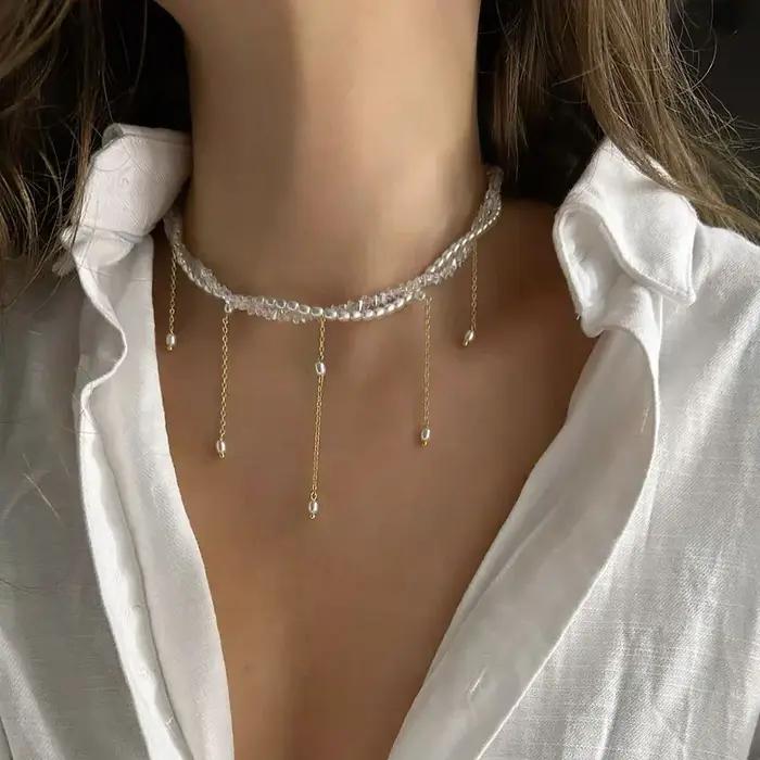 Collier pendentif chaîne à pampilles cristal et perles imprimées style bohème cadeau occasion spéciale femmes anniversaire saint valentin