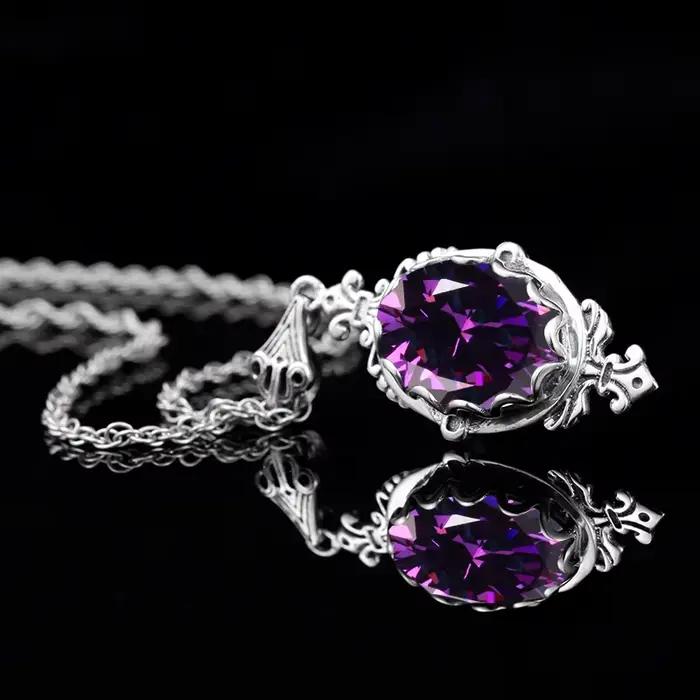 Collier Pendentif Classique pour Femmes en Argent 925 Serti d'Améthyste Cadeau de Fête d'Anniversaire Bijoux Vintage de Luxe de Qualité