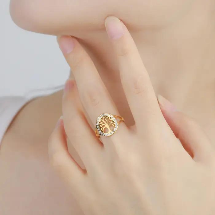 Skyrim arbre de vie clair Zircon rond anneau en acier inoxydable couleur or réglable femmes bagues amulette bijoux en gros