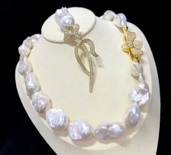 Collier vintage en perles Akoya véritables, perles naturelles de 13-21 mm, grandes perles baroques, ensemble de collier et fleur de poitrine, 18'' 20''