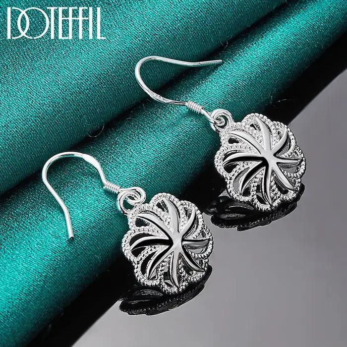 DOTEFFIL 925 Rond En Argent Sterling Fleur Goutte Boucle D'oreille Pour Femme Dame Fête De Fiançailles De Mariage Bijoux De Mode
