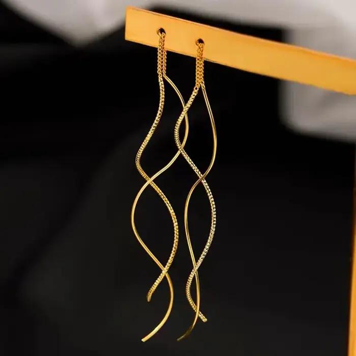 Boucles d'oreilles minimalistes à franges longues et ondulées pour femmes