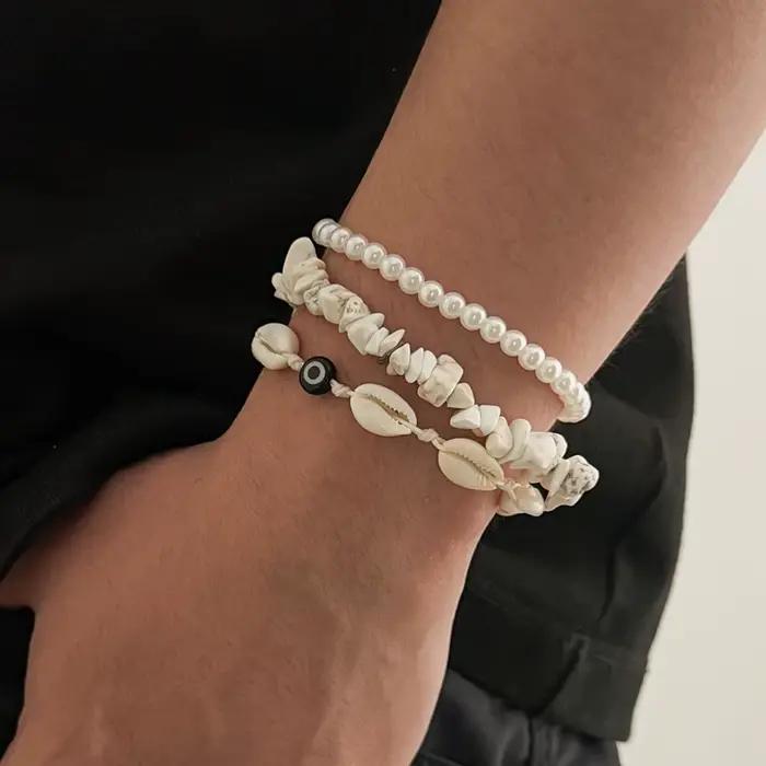 Ingemark Lot de 3 bracelets bohèmes en pierre naturelle pour hommes et femmes, rétro, empilables, avec perles imitation coquillage, ajustables