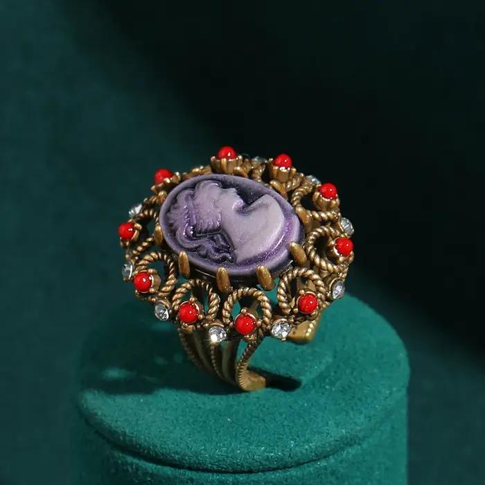 Bagues vintage en agate rouge et plaqué or 18 carats pour femmes, bijoux de cocktail rétro et strass pour soirée festive et mariage