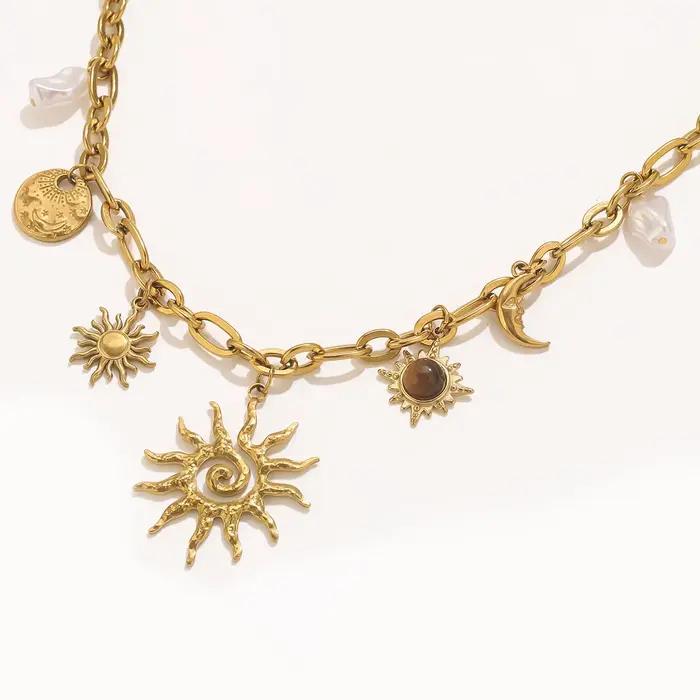 Jolivie – collier Vintage en acier inoxydable avec pendentif soleil en pierre naturelle pour femmes