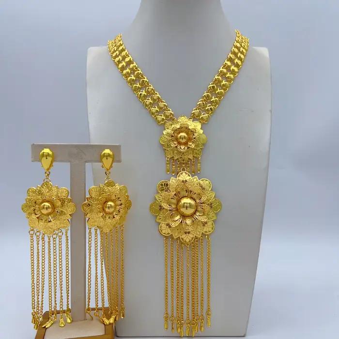 Ensemble de colliers longs et volumineux couleur or 24 carats pour femmes, bijoux de luxe indiens, pendentif de fête, bijoux de Dubaï, accessoires, cadeaux