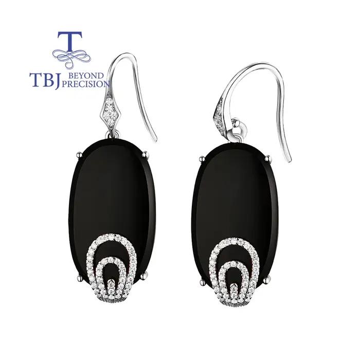 TBJ, vogue crochet longue boucle d'oreille 26.4ct naturel noir agate onyx 925 argent sterling or ros