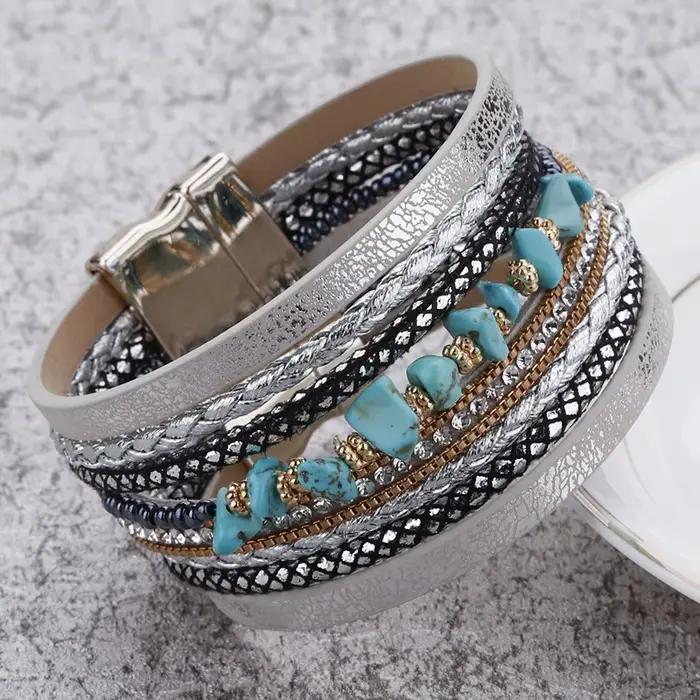 Amorcome Boho pierre naturelle Bracelets en cuir pour femme Vintage tressé corde large multicouche Wrap Bracelet hommes bijoux
