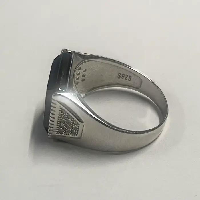 Argent massif 925 hommes anneaux minimaliste turc anneaux pour hommes noir carré pierre naturelle turquie mâle bijoux Bague Homme