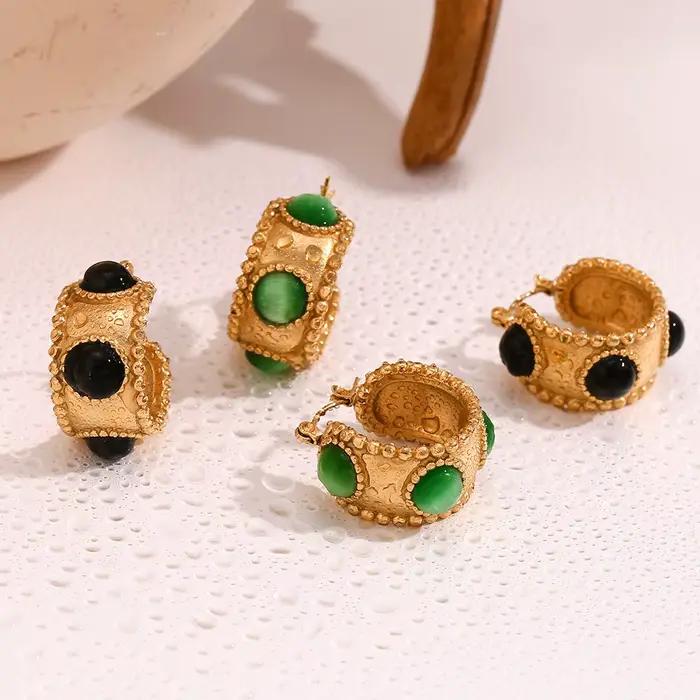 Boucles d'Oreilles Créoles Rétro en Acier Inoxydable 316L avec Bordure Perlée en Agate Plaquée Or 18 Carats Bijoux Étanches Pour Femme Usage Quotidien Occasions Spéciales