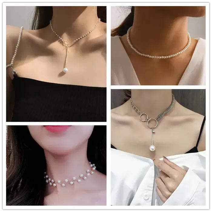 Collier de perles coréennes semi-rondes élégant avec chaîne en maillons pour femmes occasions spéciales bohème