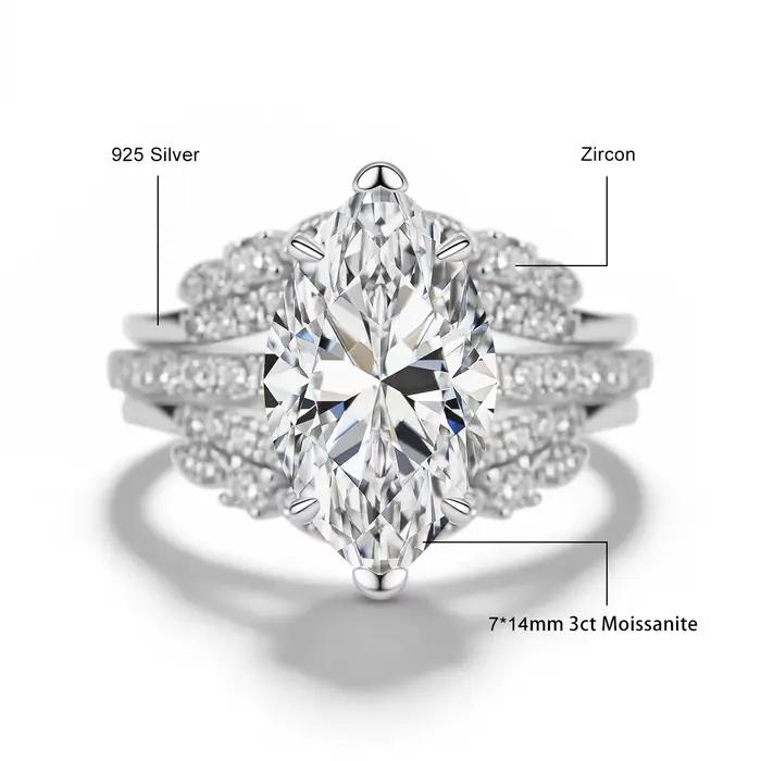 Ensemble de bagues de fiançailles Halo pour femmes, argent sterling 925, moissanite taille marquise, alliance de mariage, bijoux de mariée